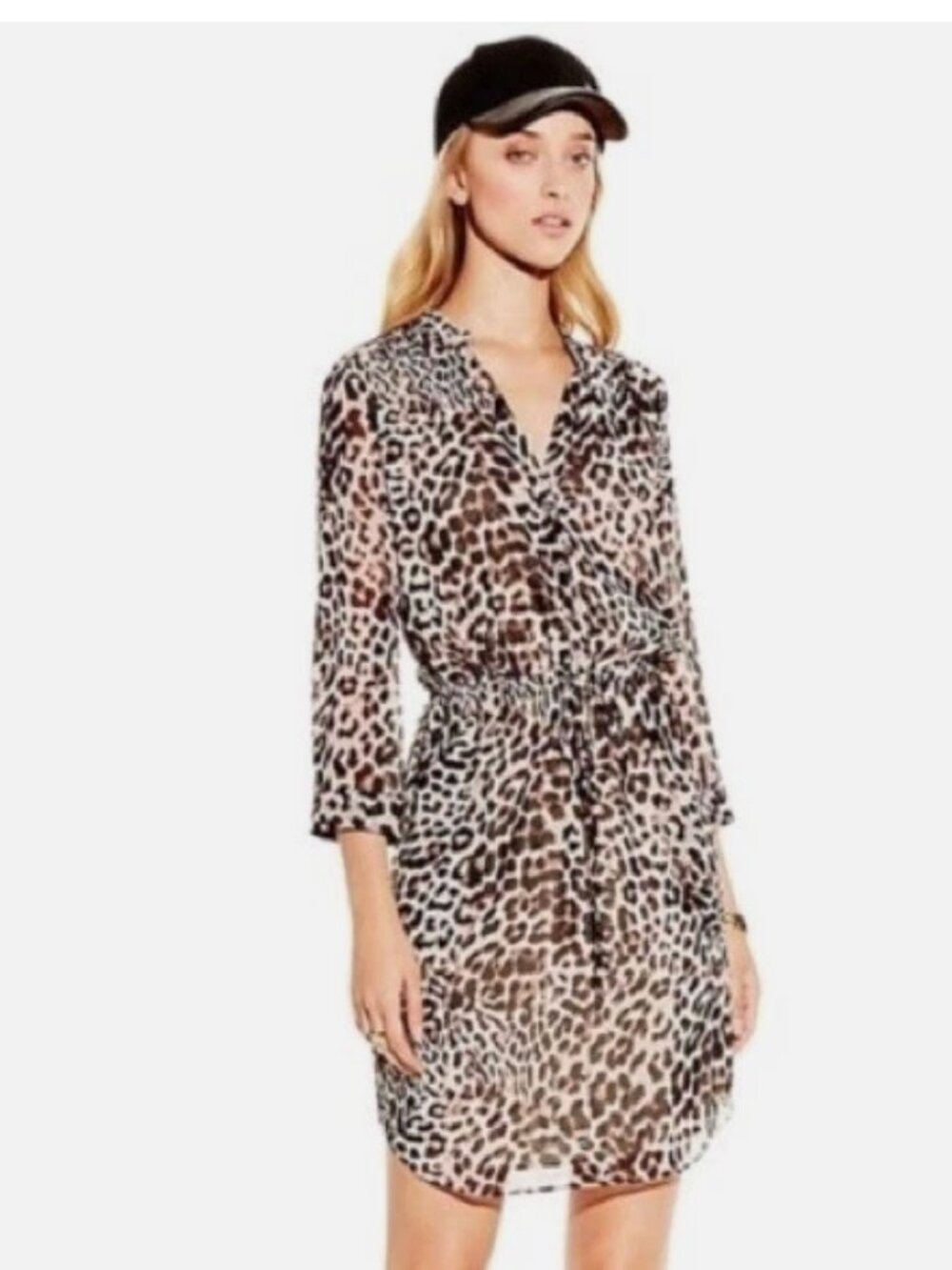 Vince Camuto Leopard Print Zip Front Dress Drawstring Waist Size 0